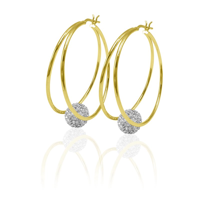 14K Gold Plated Sterling Silver Double Hoop Earrings with Crystal Balls - Hypoallergenic Adult Jewelry