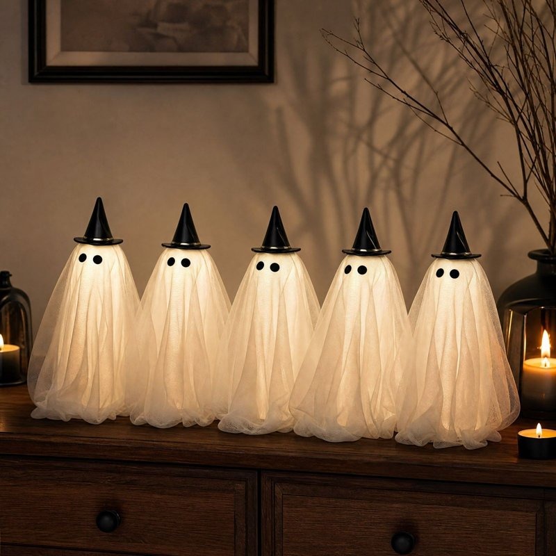 Lighted Ghost Halloween Decorations Set of 5 Gauze Figurines with Witch Hats