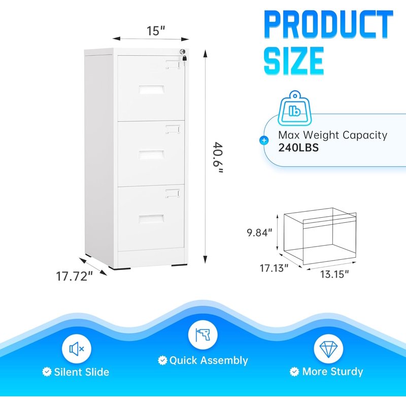 Vertical Lockable Filing Cabinet with Adjustable Hanging Frames - White Metal Office Storage