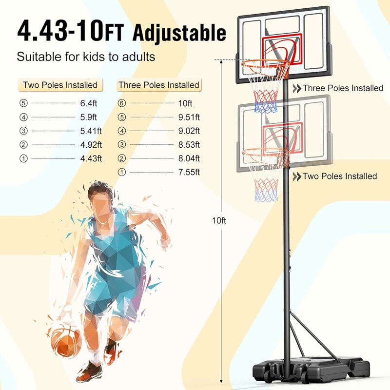 Portable Adjustable Basketball Hoop System - 44-Inch Backboard, 4.43-10ft Height, Outdoor Youth & Adult