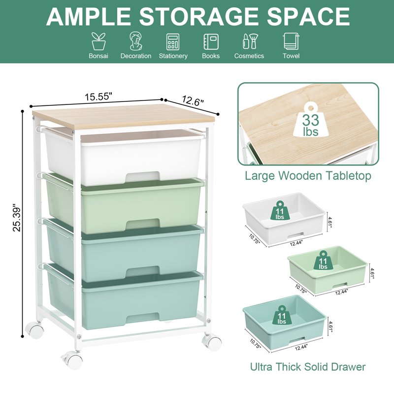 Rolling Storage Cart with 4 Drawers and Wooden Top - Multi-Purpose Organization