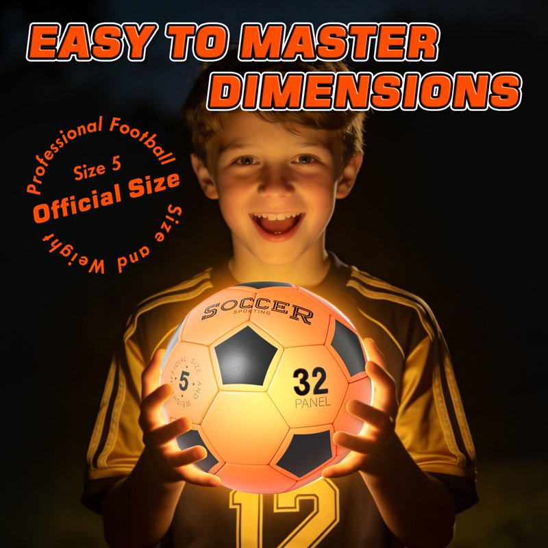 Glow in The Dark Soccer Ball - Light Up Football for Night Play, Waterproof, USB Rechargeable, Size 5 Outdoor Sports Toy for Kids & Teens