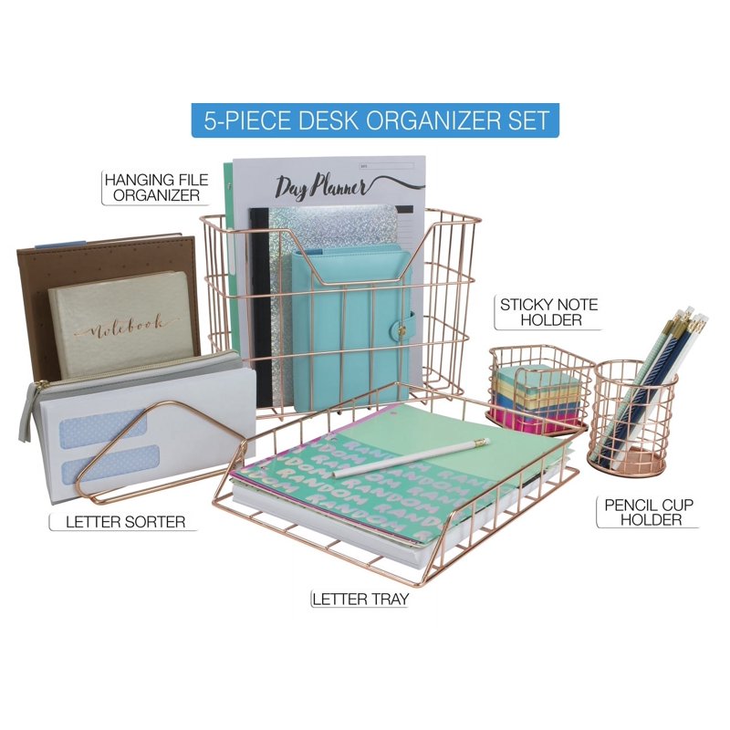 Wire Desk Organizer Set with Copper Finish - 5-Piece Office Storage