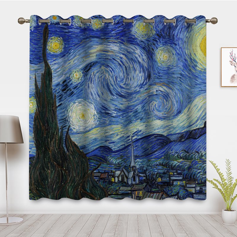 Starry Night Window Curtain Set - Artistic Blackout Drapes for Bedroom