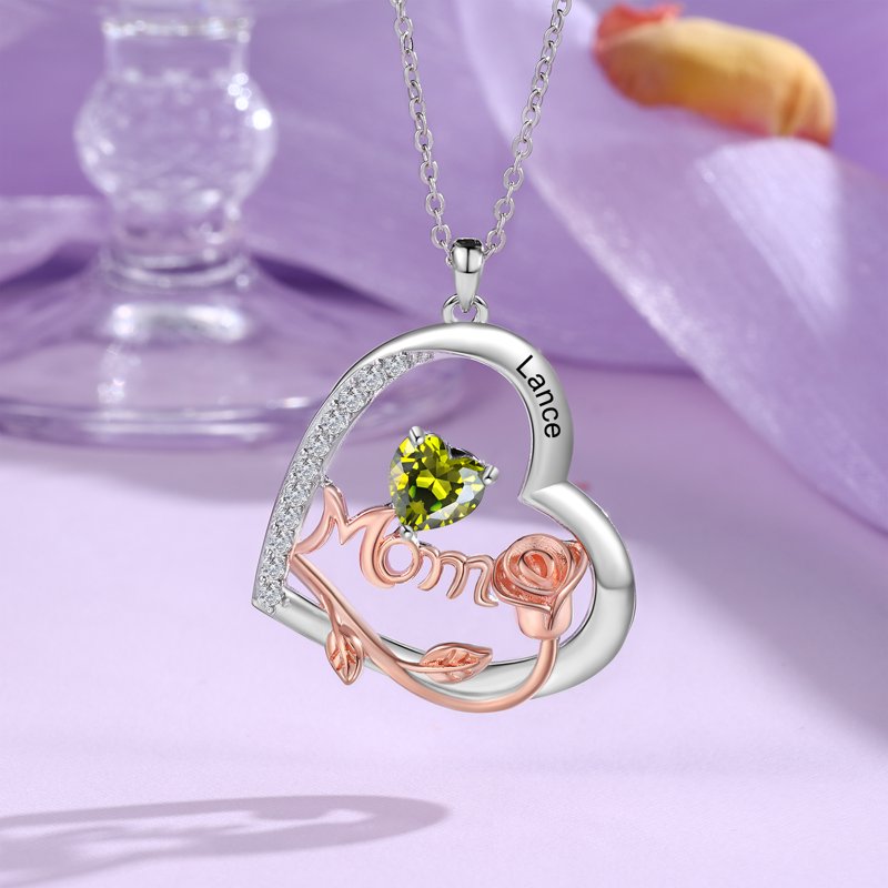 Personalized Heart Family Necklace with Birthstone for Women - Mom Gift