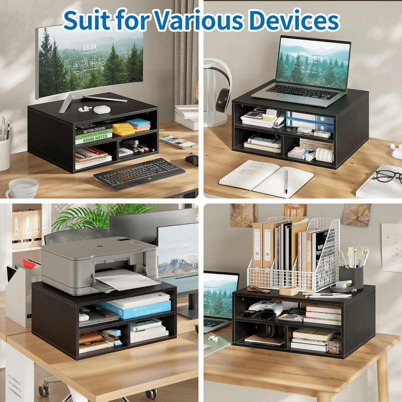 YQ JENMW Desktop Printer Stand with 2-Tier Open Storage Shelves, Black, 3 Compartments