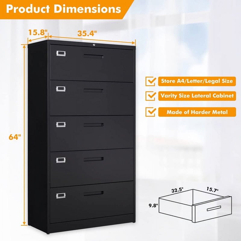 5 Drawer Lockable Metal File Cabinet for Home Office & Business
