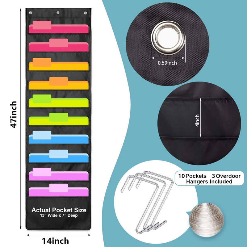 Wall Hanging File Organizer with 10 Pockets & Metal Hooks - Office & Classroom Storage