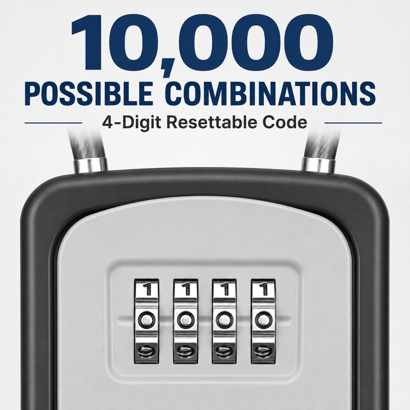 Portable 4-Digit Combination Key Lock Box with Removable Cable, Wall Mount & Hanging Options