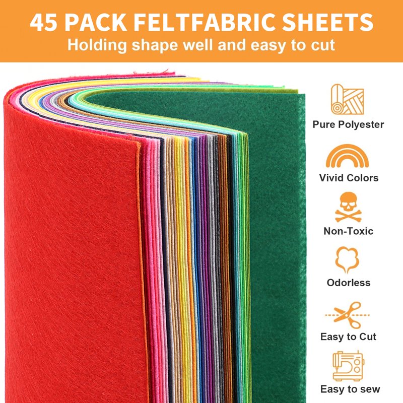 Assorted Felt Sheets for Crafts - 45 Pieces, 8x12 Inches, 1mm Thick DIY Fabric
