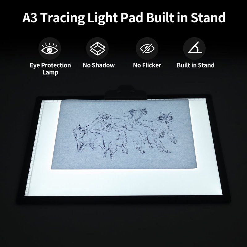 A3 Light Box for Tracing & Diamond Painting with Rechargeable Battery, 3 Colors, 6-Level & Stepless Dimming, Built-in Stand