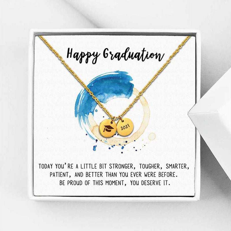 Graduation Necklace for Her - Stainless Steel Engraved Cap Pendant Gift for Daughter & Friend