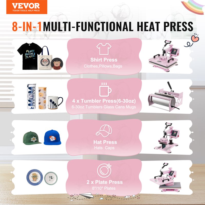 12x15 Inch Heat Press Machine 8-in-1 T-Shirt Mug Hat Plate Transfer with Digital Control