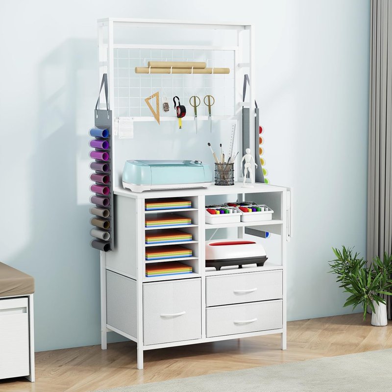 L-Shaped Craft Storage Cabinet with Fold-Out Workbench & Vinyl Holders