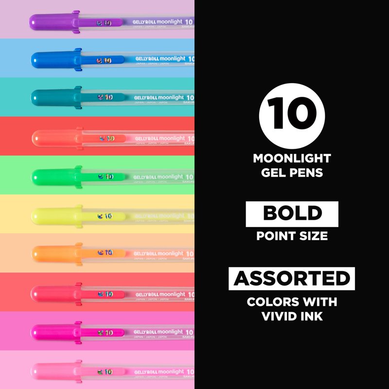 Gel Pen Set 10 Pack - Bright, Bold Colors, 1mm Point for Art & Craft