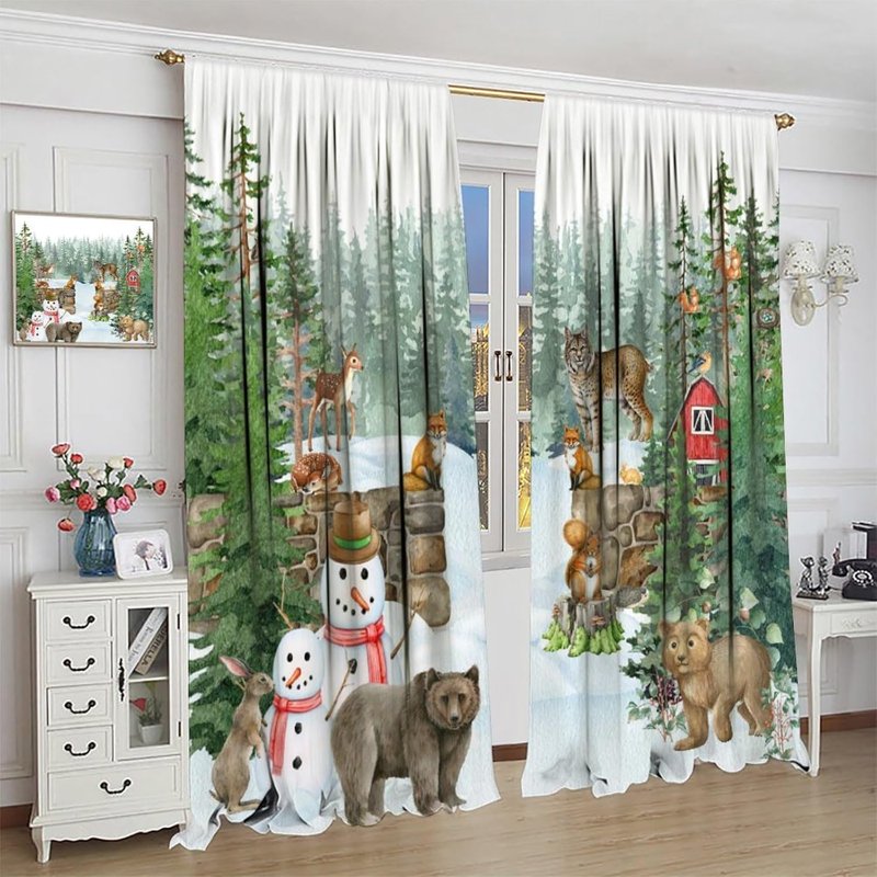 Kids Animal Curtain Set - Watercolor Squirrel Hare Bear Bird Pattern, Insulated Window Drapes for Nursery & Bedroom, 55x39 Inches