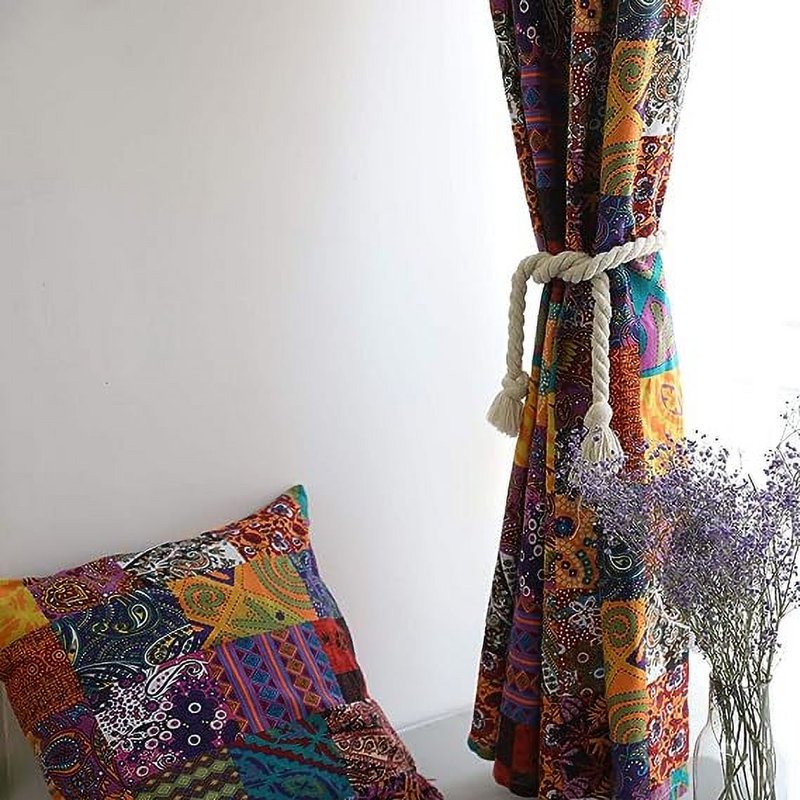 Boho Patchwork Cotton Linen Window Curtain Panel 55x63 Room Darkening