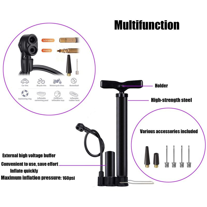 Portable Bicycle Pump with Dual Valves and 160 PSI Max for Bikes, Cars, Sports Balls