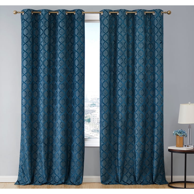 THD 50 W x 63 L Blackout Curtain Panels - 100% Privacy Grommet Pair, Flocked Lattice Design, Light Blocking