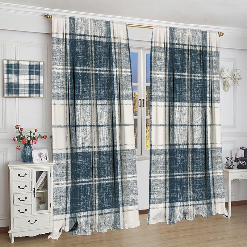 High-Resolution Plaid Pattern Thermal Insulated Curtain Set - Blue, 2 Panels