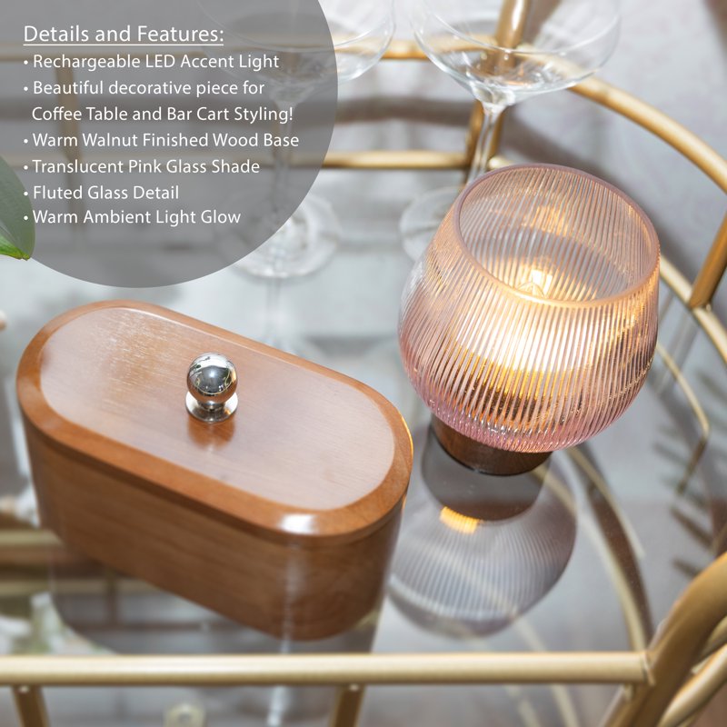 Rechargeable Pink Glass Accent Light with Warm Walnut Finish