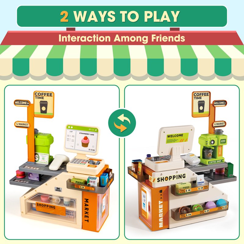 Kids Cash Register Play Set with Scanner & Play Food - Pretend Grocery Store Toy