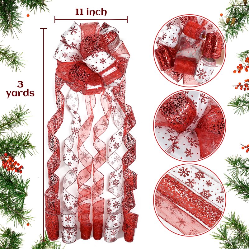 Christmas Tree Topper Bow with Glitter & Streamer Tails - Holiday Decor