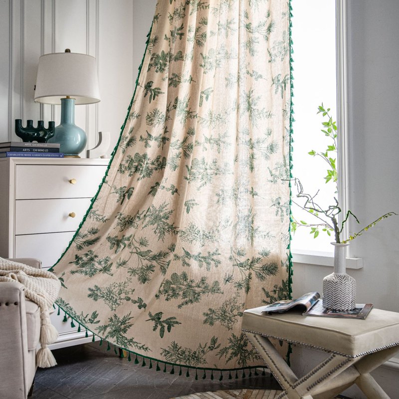 Green Pine Cone Printed Curtain - Semi Blackout Cotton Linen Home Decor