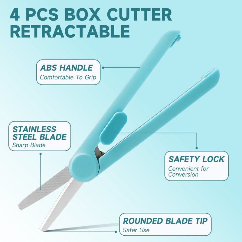 Multipurpose 2-in-1 Scissors & Retractable Box Cutter Set - 4 Pack