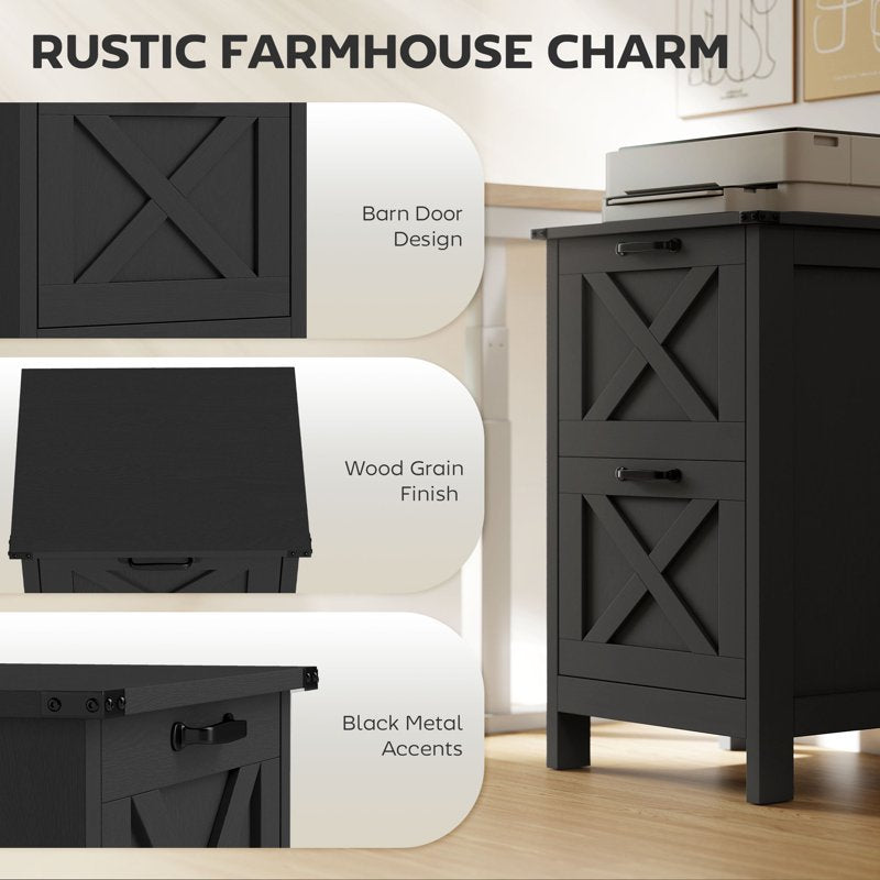 Rustic Farmhouse Two-Drawer File Cabinet with Barn Door Design - Fits A4 & Letter Sizes, Distressed Finish