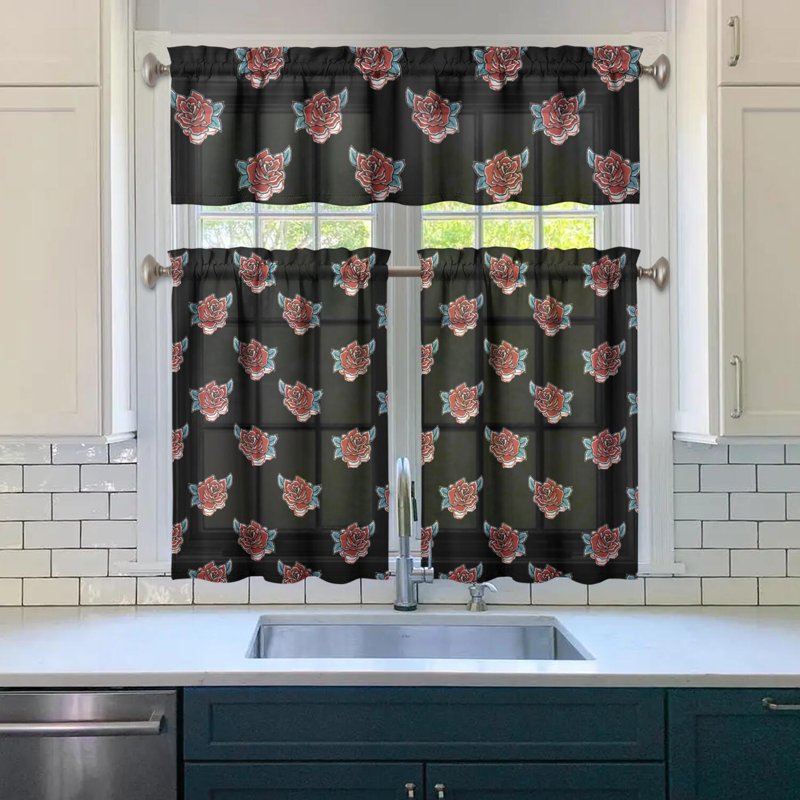 Kitchen Curtains and Valance Set 36 Inch Tier Floral Drapes for Dining Room