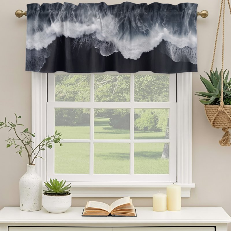 Black Coastal Window Valances Set - Light Filtering Kitchen Curtain Panels, Rod Pocket Short Window Treatments for Living & Bedroom