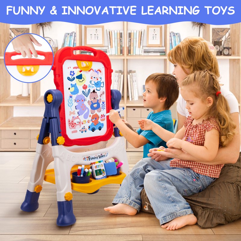 Kids Adjustable Double-Sided Art Easel with Whiteboard & Chalkboard