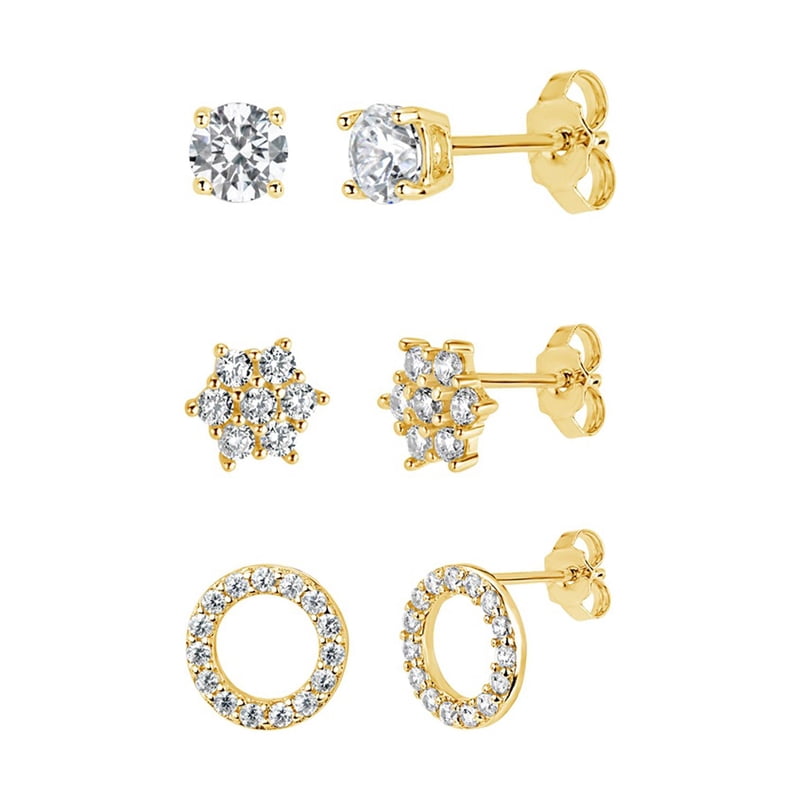 Sterling Silver & 18K Gold Over White Cubic Zirconia Earrings Set - 3 Piece