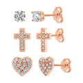 18K Rose Gold Over Sterling Silver Cubic Zirconia Heart Cross Earrings Set