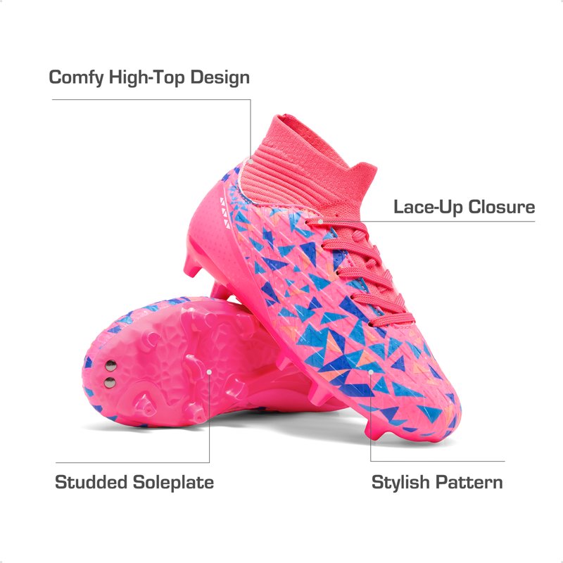 Dream Pairs Boys Football Cleats Youth High Top Firm Ground Soccer Shoes - Hot Pink/Royal Blue