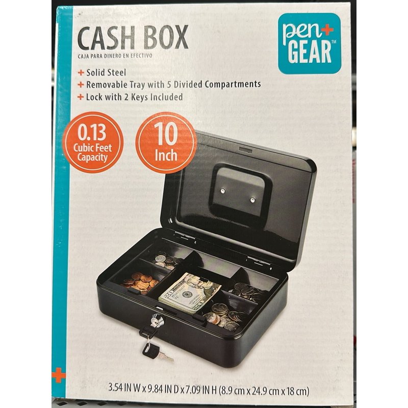10 Inch Metal Cash Box with Key Lock and Money Tray - Black