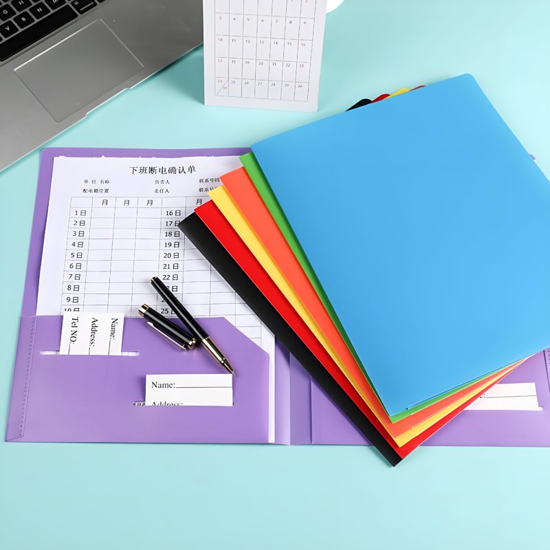 Heavy Duty Plastic Pocket Folder with Business Card Slot - 2 Pockets, Black