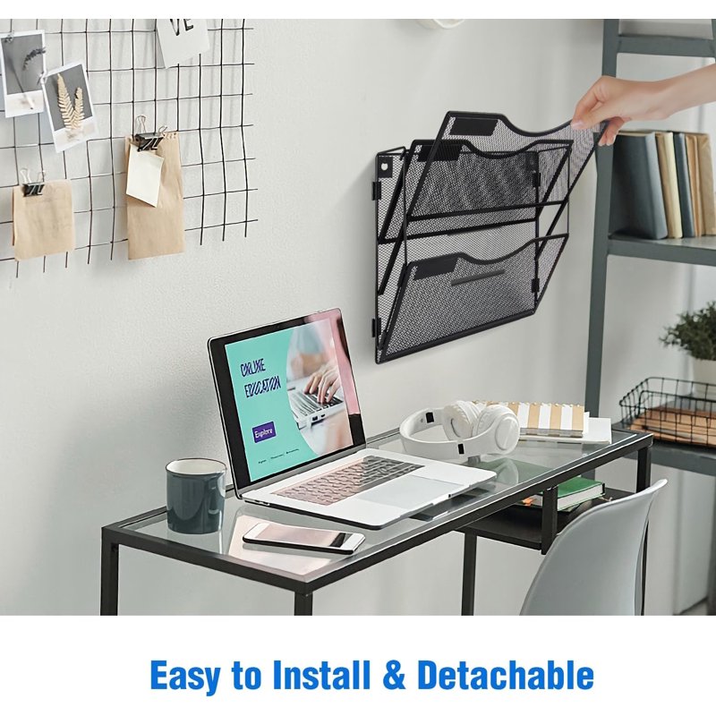 Wall File Organizer with 3 Pockets, Wall Mount or Hanging Folder Holder, Foldable Mesh Office & Home Storage