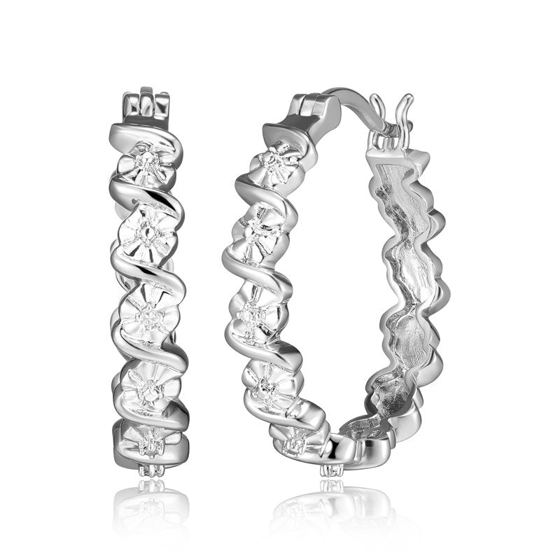 Silver Tone Hoop Earrings with Diamond Accent and S-Link Design