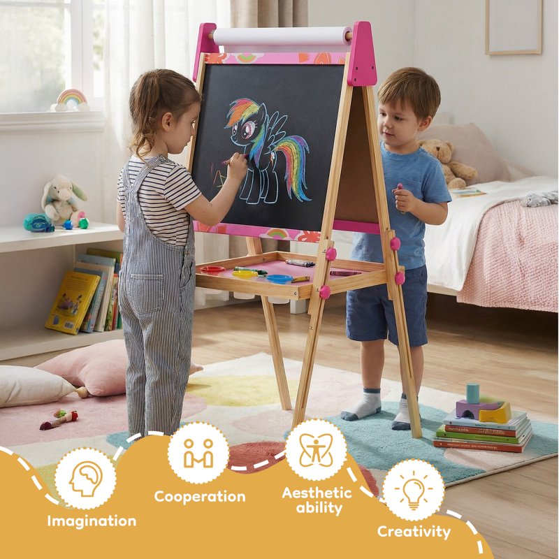 Kids Art Easel with Magnetic Boards & Paper Roll - Adjustable Wooden Toddler Drawing Gift