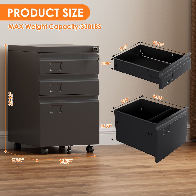Mobile File Cabinet with Lock - 3 Drawer Vertical Under-Desk Storage for Letter and Legal Files