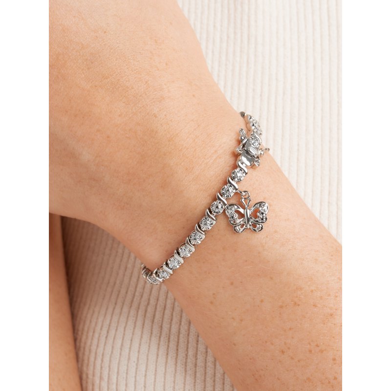 Diamond Accent Butterfly Charm Tennis Bracelet - 7.25 Inch Silver Gold Rose Gold