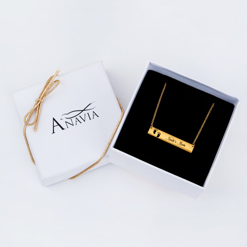 Personalized New Mom Necklace - Engravable Footprint Bar Pendant Gift for Wife & Girlfriend