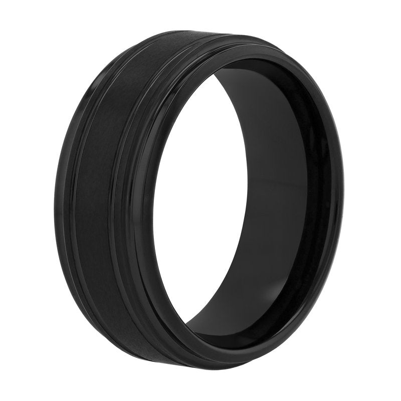 Men's Tungsten Wedding Band 9mm Grooved Step Edge Black Finish Durable Ring