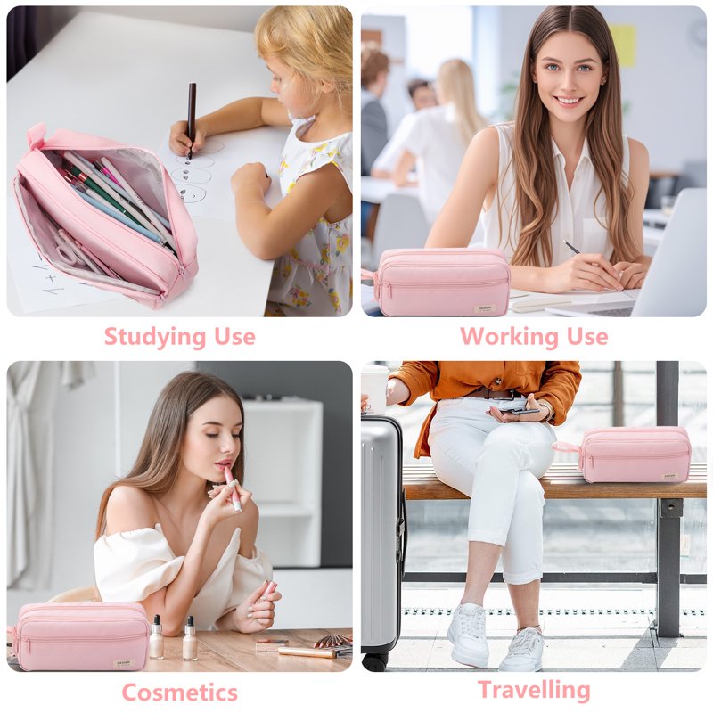 Large Capacity Expandable Pencil Case with Initial Letter & Zipper - Kids & Adults Pink