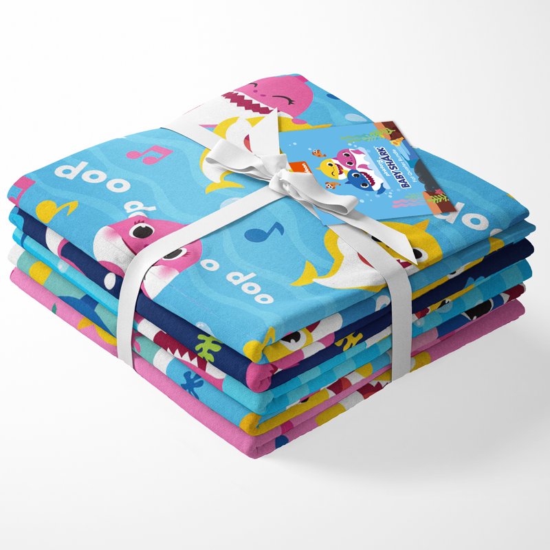 Baby Shark Cotton Fabric Bundle - 18x21 Inches, Multi-Color, 5 Pieces for Quilting & Crafts
