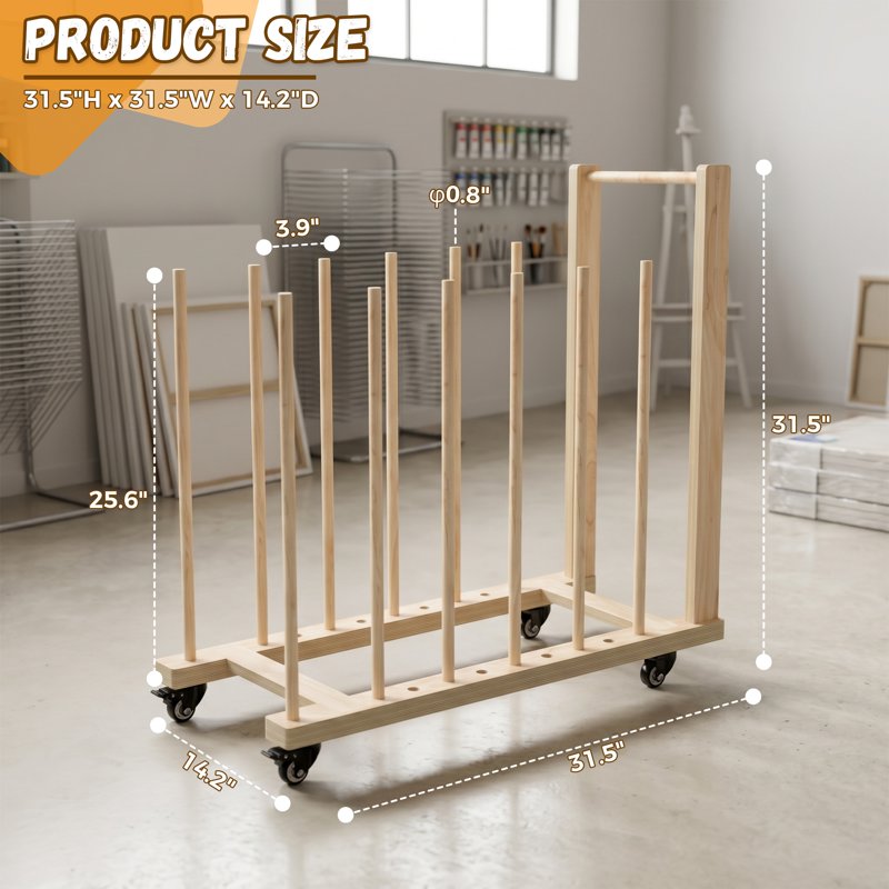 Wooden Art Storage Rack with Casters for Canvas & Artwork - 31.5 x 14.2 in