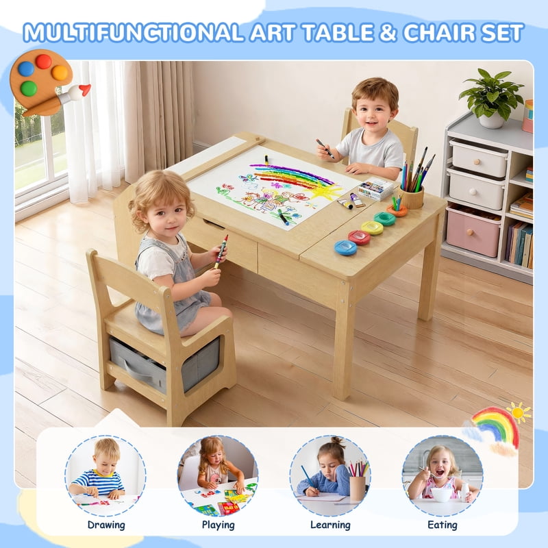 Kids Art Table and Chair Set with Convertible Easel, Storage & Paper Roll Holder