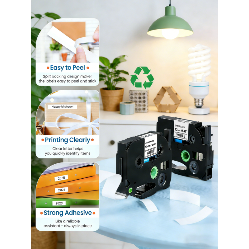 12mm Laminated Label Tape Refill 5-Pack for Brother P-Touch Label Makers